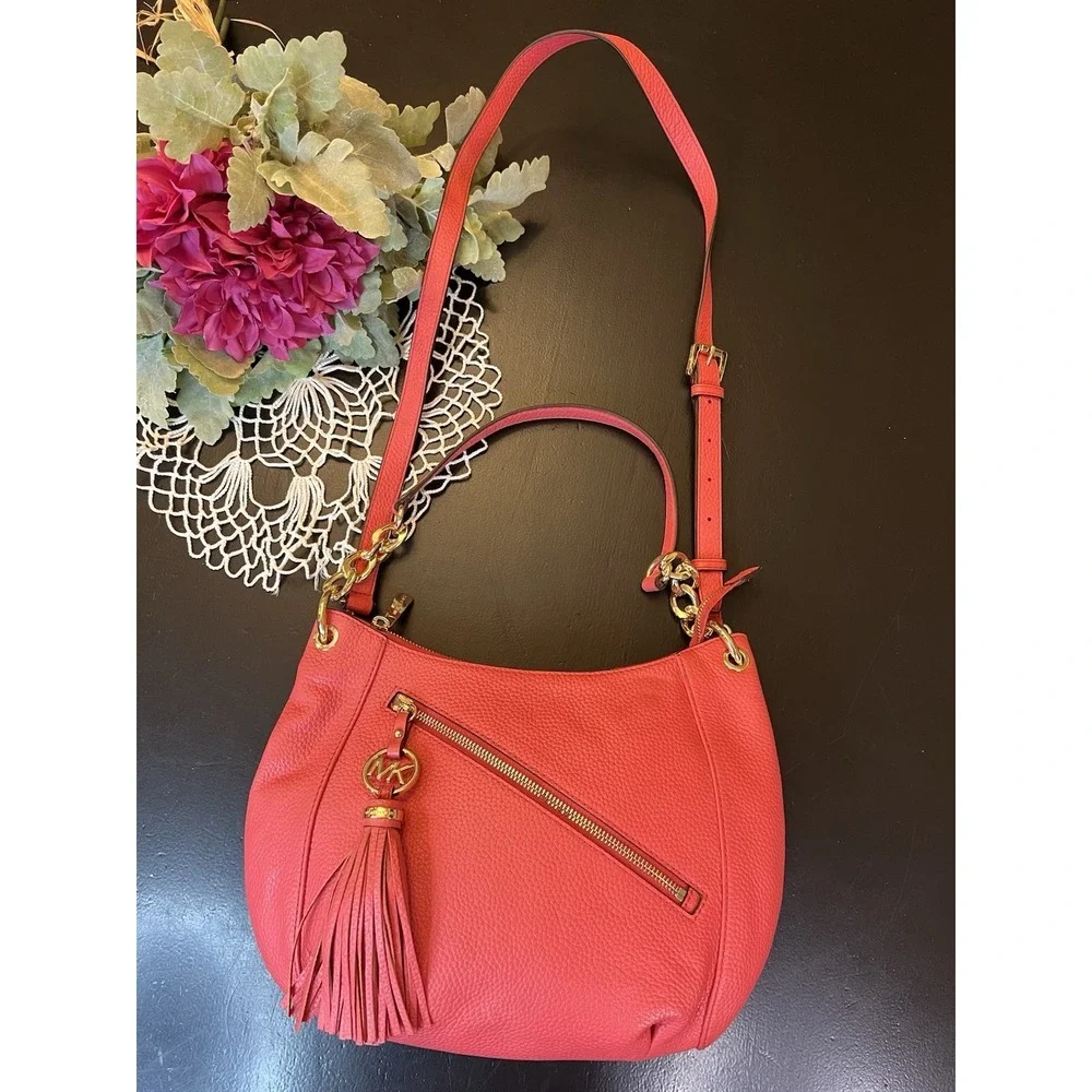 Michael Kors NWT Watermelon Coral Leather Tassle Charm Shoulder Handbag As‎ Is
